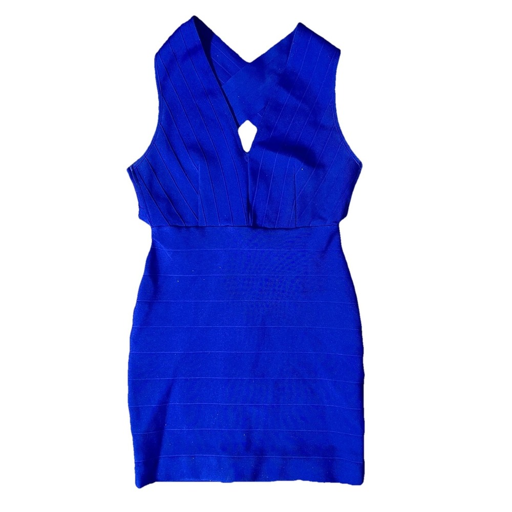 Hybrid & Company Women's Sz M Royal Blue Bandage Bodycon Criss Cross Back Dress